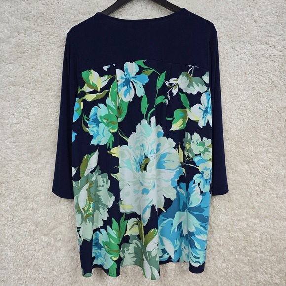 Susan Graver Top Women Large Tunic Blue Liquid Knit 3/4 Sleeve Flowers Career‎ - Picture 7 of 11